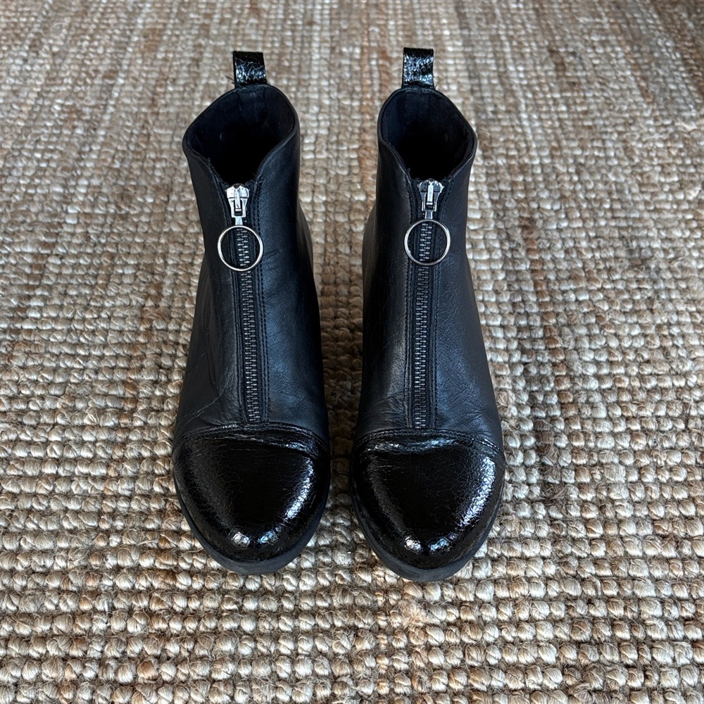 Spanish made Black Front-Zip Ankle Booties with Glossy Cap Toe